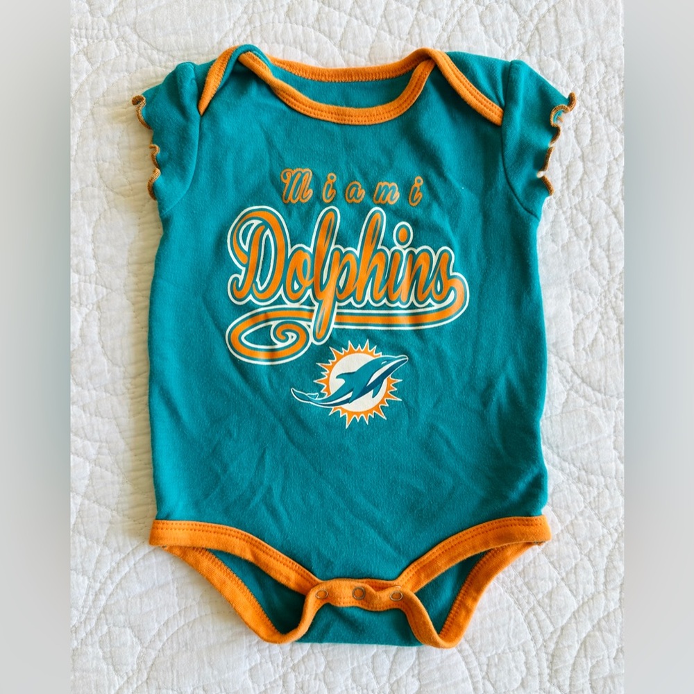 Miami Dolphins NFL Girls Teal Infant Baby 0-3 Month Button Bodysuit Ruffles
